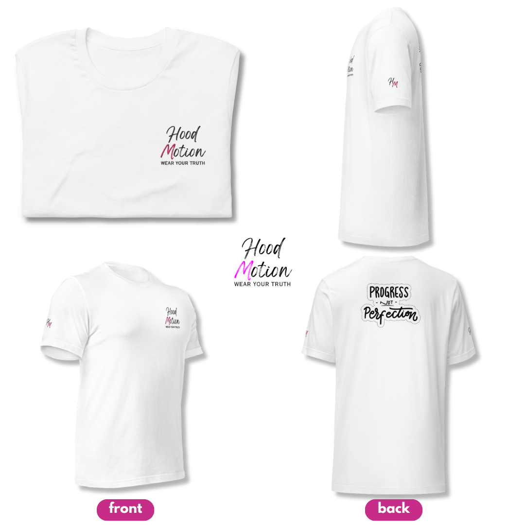 Progress NOT perfection - Unisex t-shirt (with Left Chest and Sleeve Embroidery + Back print)