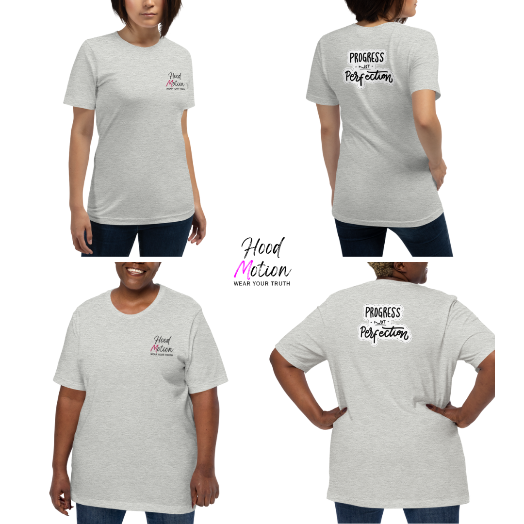 Progress NOT perfection - Unisex t-shirt (with Left Chest and Sleeve Embroidery + Back print)