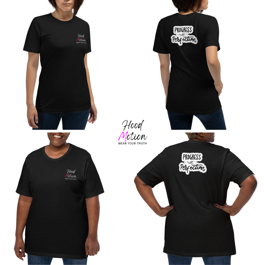 Progress NOT perfection - Unisex t-shirt (with Left Chest and Sleeve Embroidery + Back print)