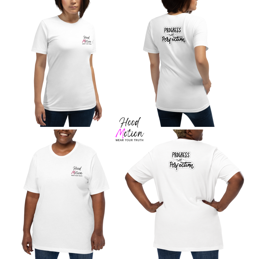 Progress NOT perfection - Unisex t-shirt (with Left Chest and Sleeve Embroidery + Back print)