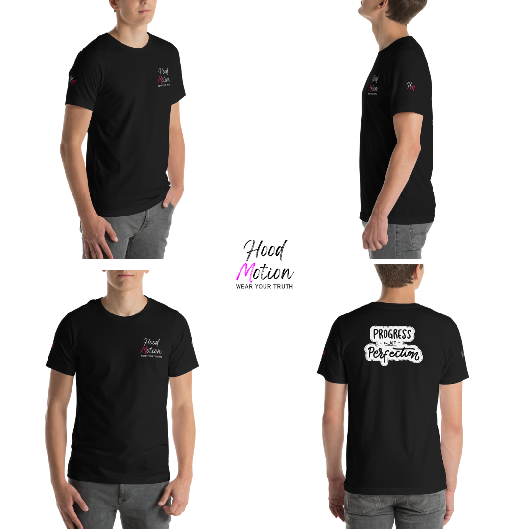 Progress NOT perfection - Unisex t-shirt (with Left Chest and Sleeve Embroidery + Back print)