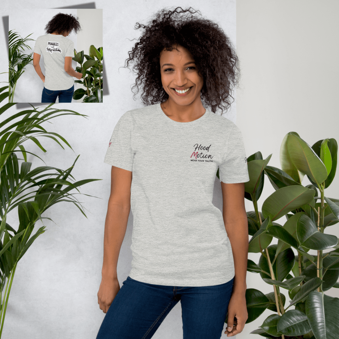 Progress NOT perfection - Unisex t-shirt (with Left Chest and Sleeve Embroidery + Back print)