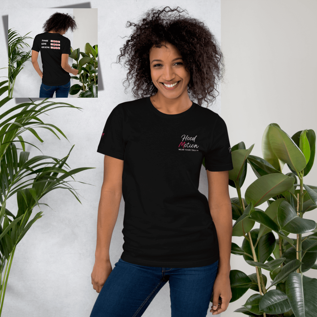 Share Give Receive Love - Unisex T-shirt (with Left Chest and Sleeve Embroidery + Backprint)