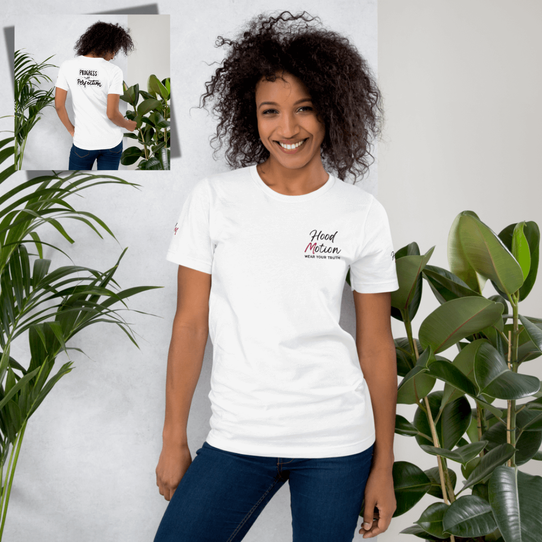 Progress NOT perfection - Unisex t-shirt (with Left Chest and Sleeve Embroidery + Back print)