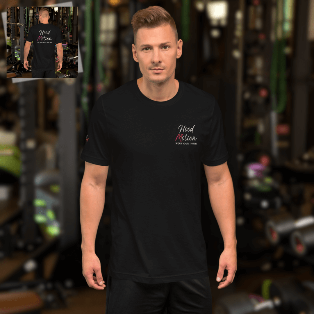 Hood Motion - Unisex T-Shirt (with Left Chest and Sleeve Embroidery + Back Print)