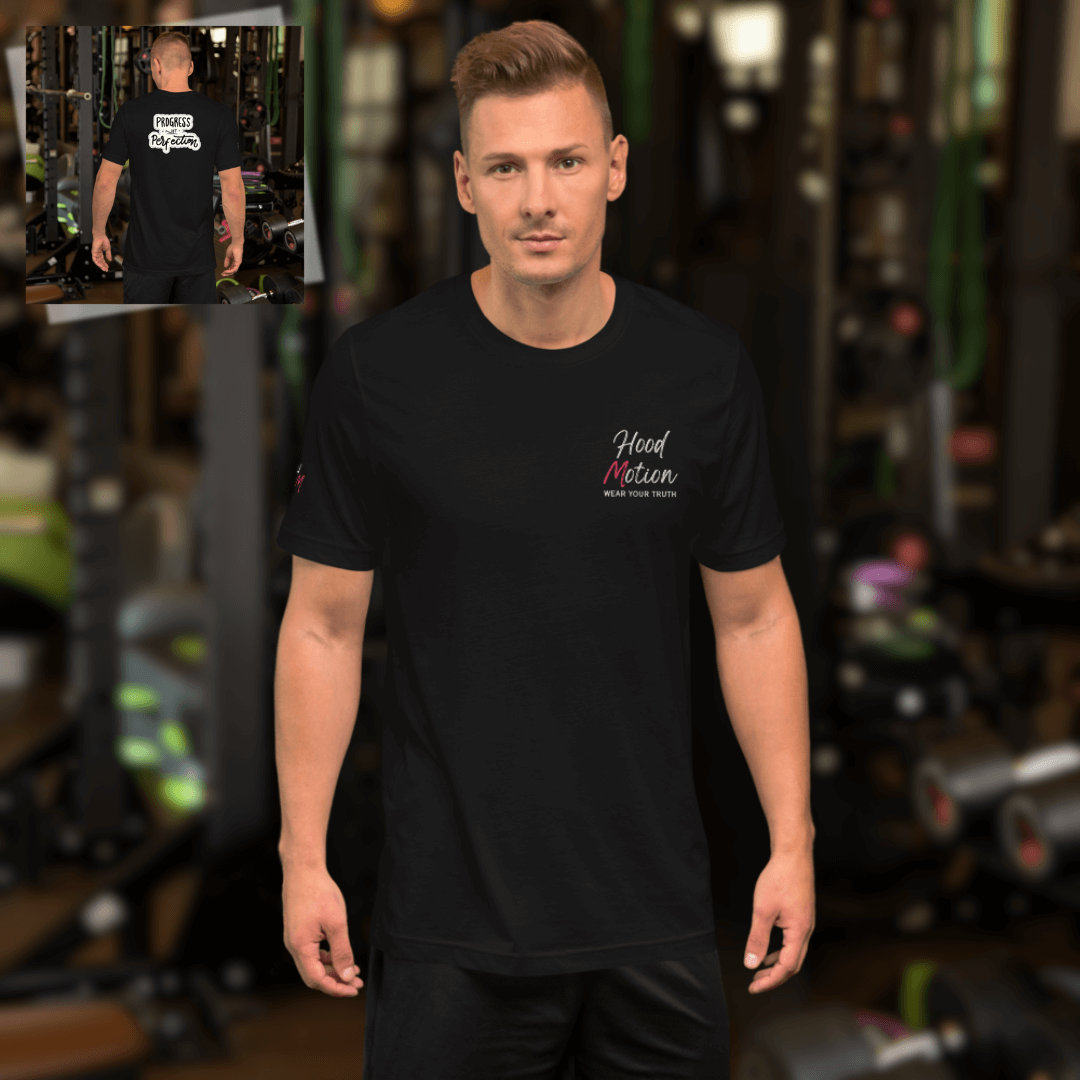 Progress NOT perfection - Unisex t-shirt (with Left Chest and Sleeve Embroidery + Back print)